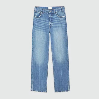 Jean droit femme taille moyenne bleu nordique avec patte de boutonnage