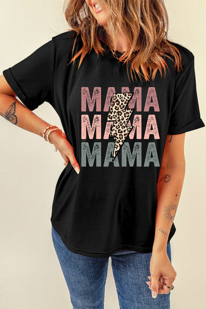 Camiseta gráfica con estampado de letras MAMA y relámpago de leopardo negro