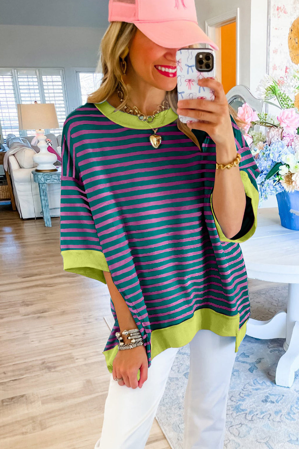 Pink Stripe Colorblock Drop Sleeve Loose Top