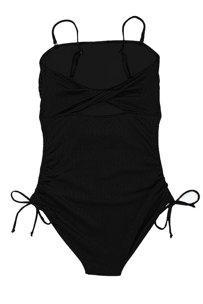 Coffee Side Drawstring Cutout Ribbed One Piece Swimsuit