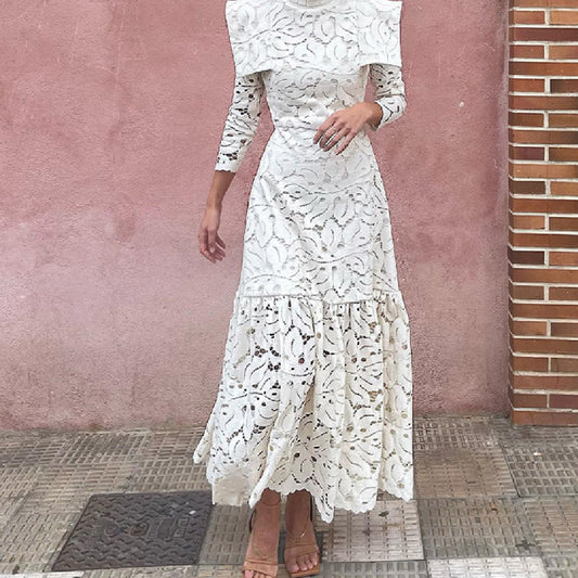 Half Turtleneck Hollow Lace Dress Summer