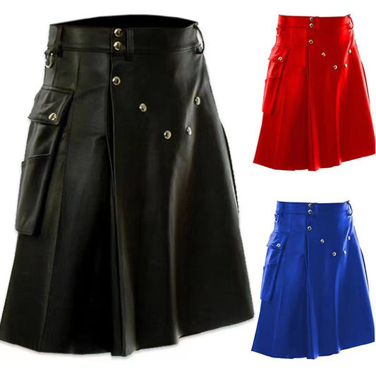 Scottish Festival Skirt Men's Multicolor Leather Pleated Skirt