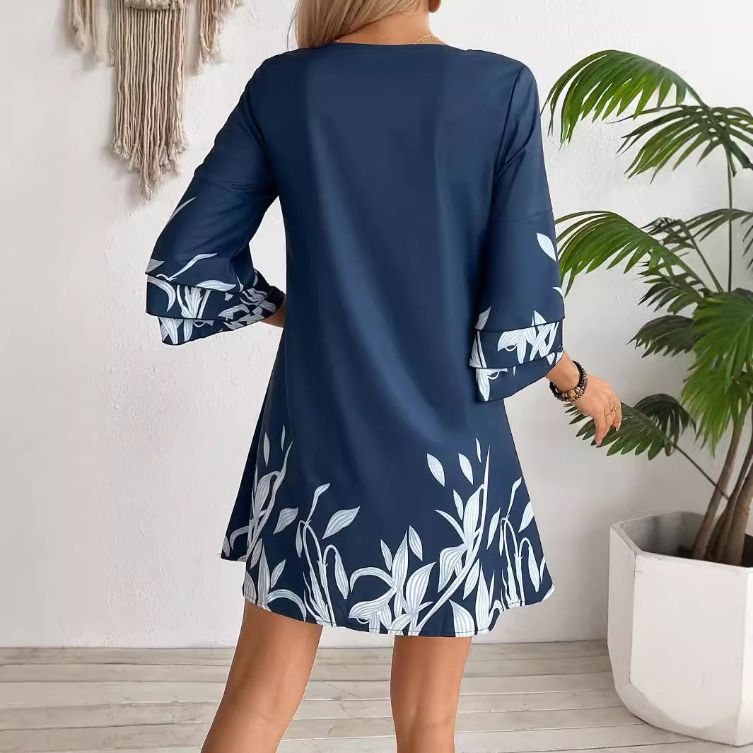 Women's Fashion Lotus Sleeve Floral Print Dress