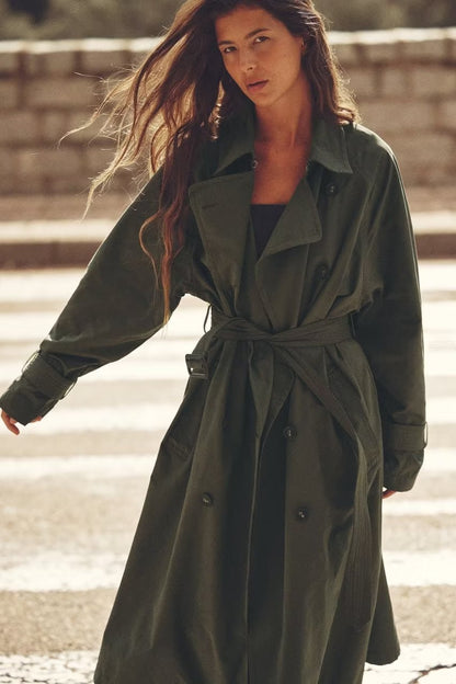 Women's Loose Long Trench Coat And Overcoat With Strap