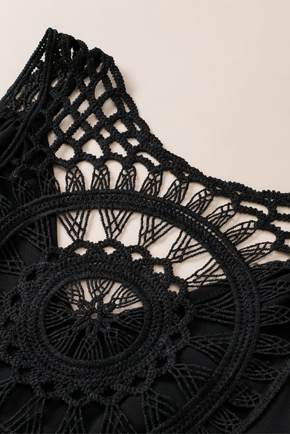 Tunique noire sans manches en patchwork de crochet bohème