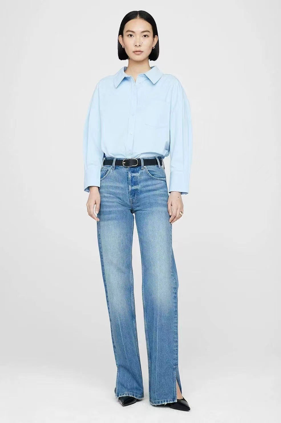 Jean droit femme taille moyenne bleu nordique avec patte de boutonnage