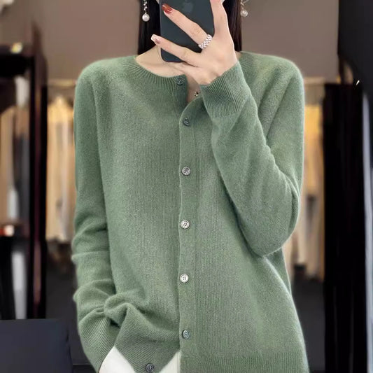 Wool Round Neck Cashmere Cardigan Knitted Coat