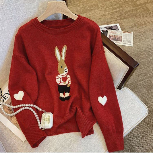 Cute Youth-looking Pullover Cartoon Rabbit Jacquard Long-sleeved Sweater