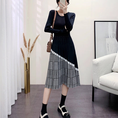 Women's Plaid Bottoming Knitted Sweater Mid-length Over-the-knee Dress