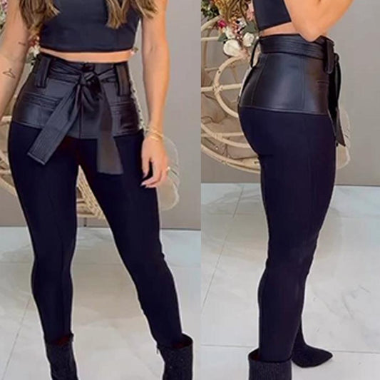 Women's Stitching Leather Belt Trousers