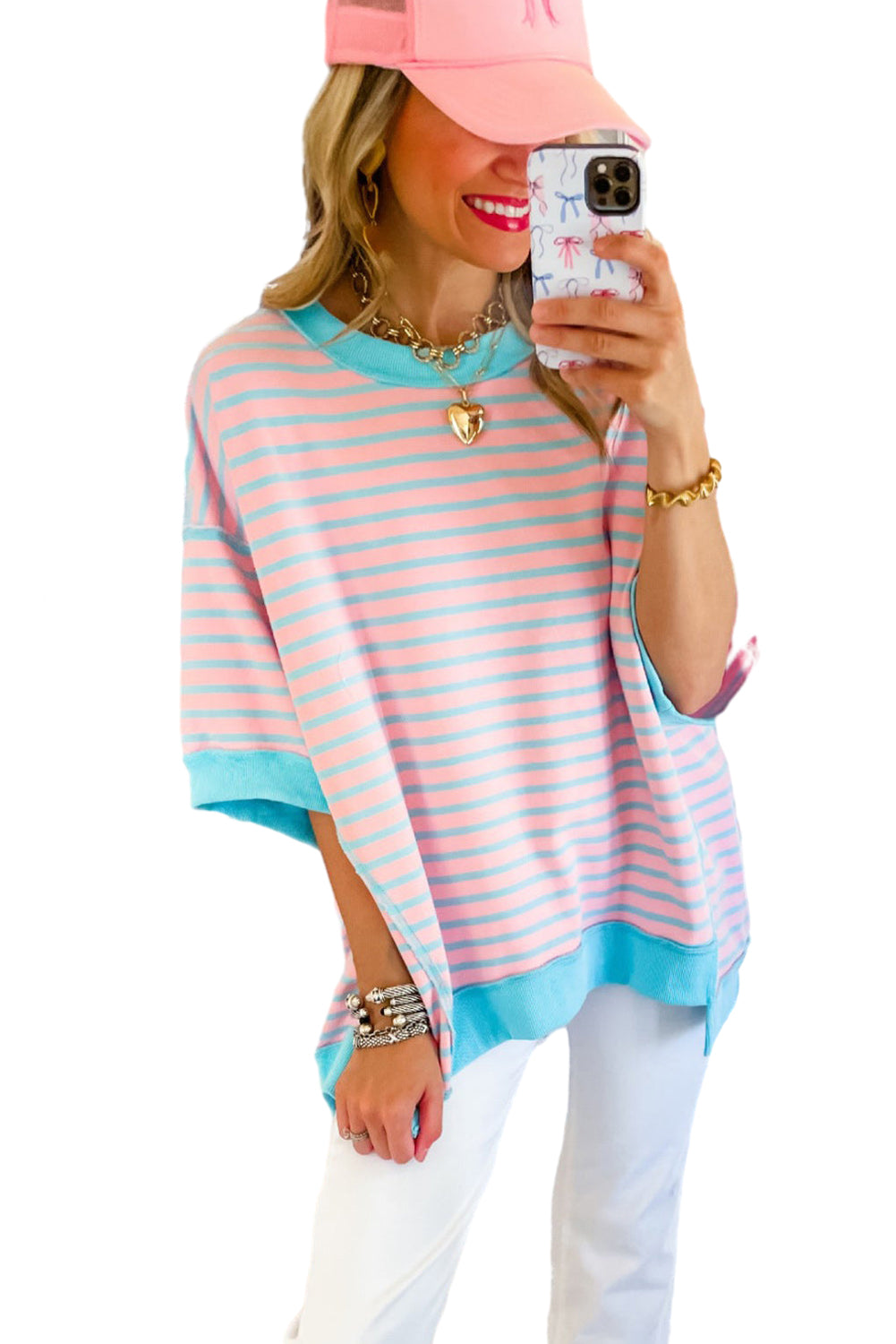 Pink Stripe Colorblock Drop Sleeve Loose Top