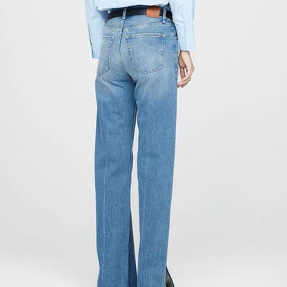 Jean droit femme taille moyenne bleu nordique avec patte de boutonnage