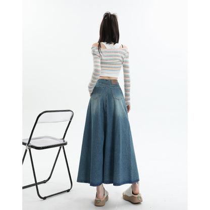 American Style Retro Big Swing Denim Spring New High Waist A- Line Slimming Mid-length Skirt