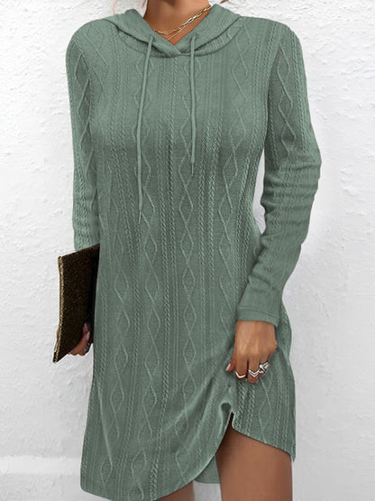 Textured Drawstring Long Sleeve Hooded Dress