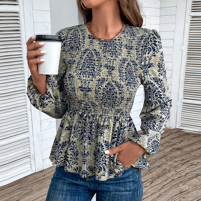 Women's Top Smocking Slim Fit Round Neck Long Sleeves Printed