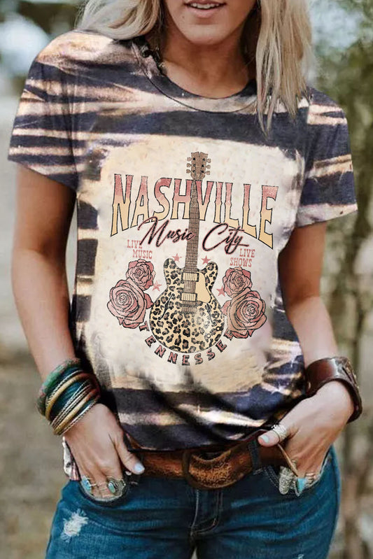 Camiseta gráfica de guitarra NASHVILLE blanqueada con rayas vintange azules