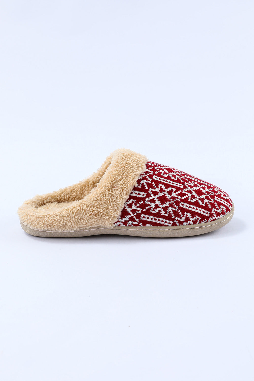 Red Suede Geometric Print Contrast Fuzzy Winter Slippers