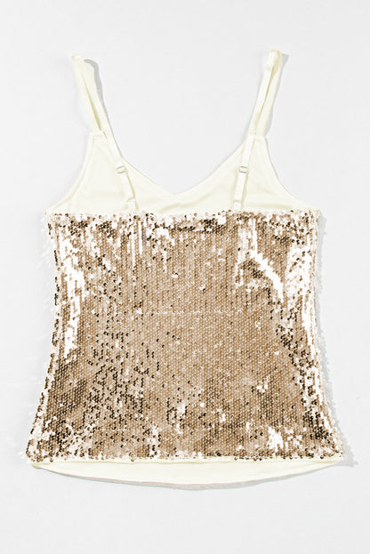 Light French Beige Sequined Adjustable Spaghetti Straps Tank Top