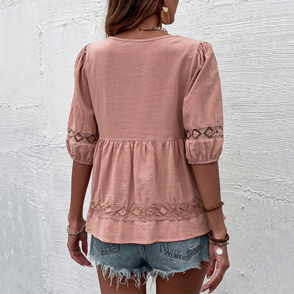 Half Sleeve Lace Pleated Stitching Doll Shirt