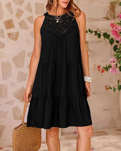 Summer Halterneck A-line Dress With Flower Hollow Lace Design Casual Loose Vacation Beach Dresses For Womens Clothing