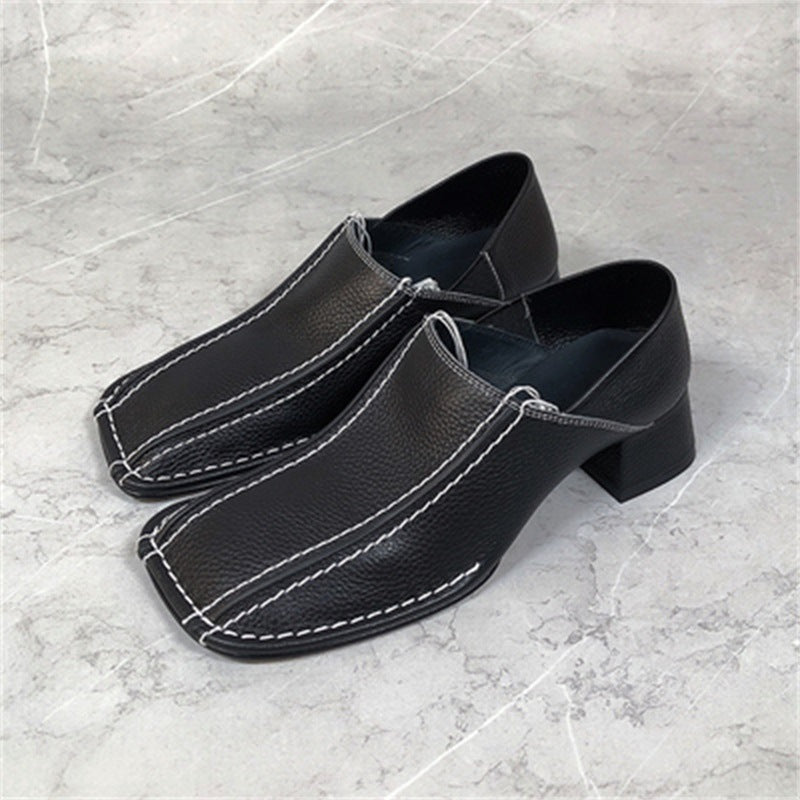 Petites chaussures simples en cuir pour femmes, rétro, tête carrée, talon moyen épais, nouvelle collection