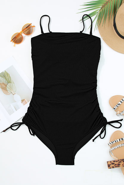 Coffee Side Drawstring Cutout Ribbed One Piece Swimsuit