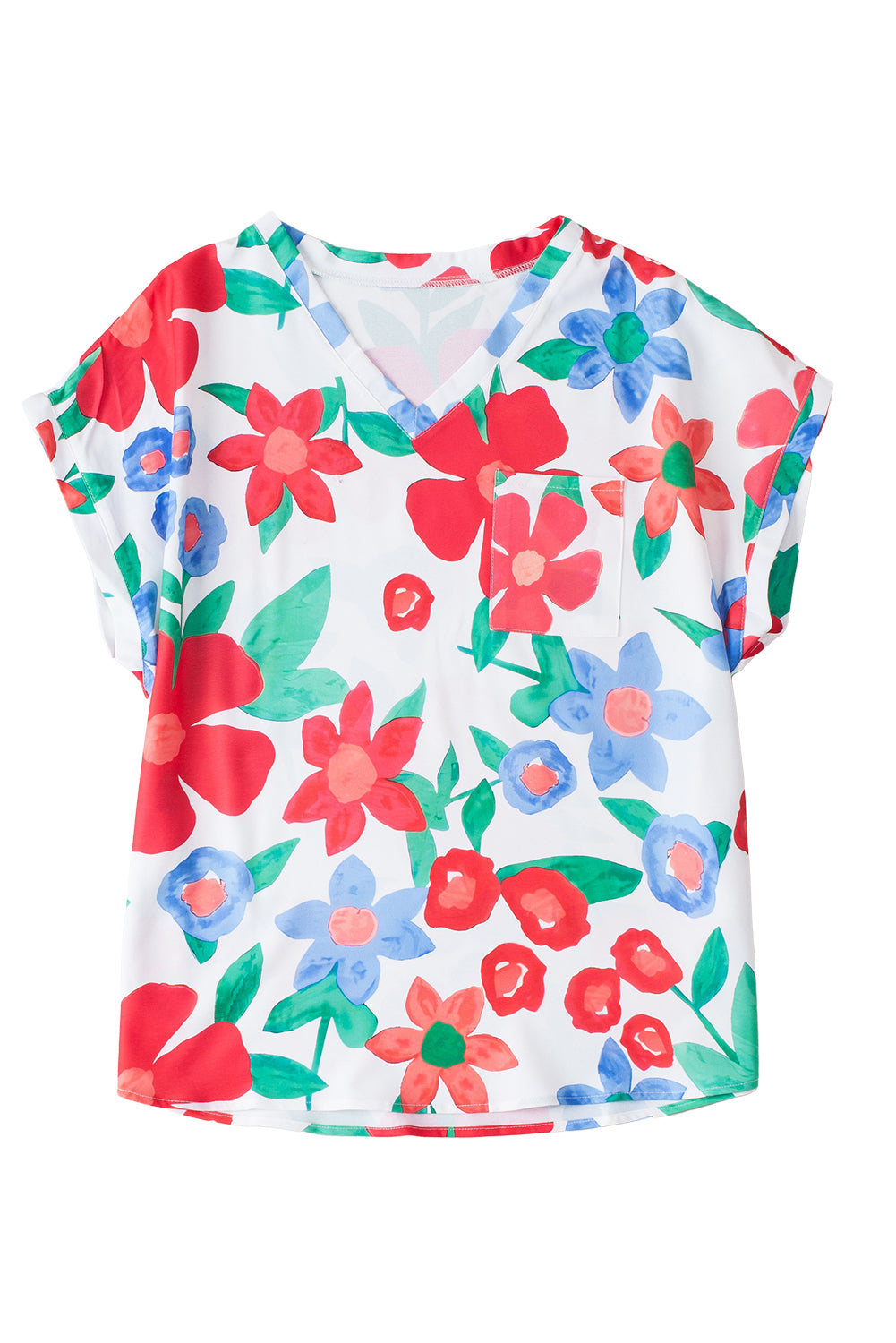 Blusa con cuello en V y bolsillo en el pecho con estampado de flores