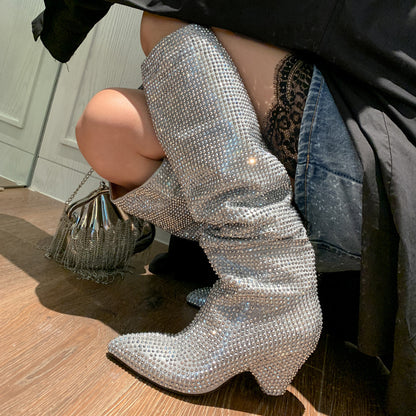 Talon effilé strass argenté bottes hautes pour femmes