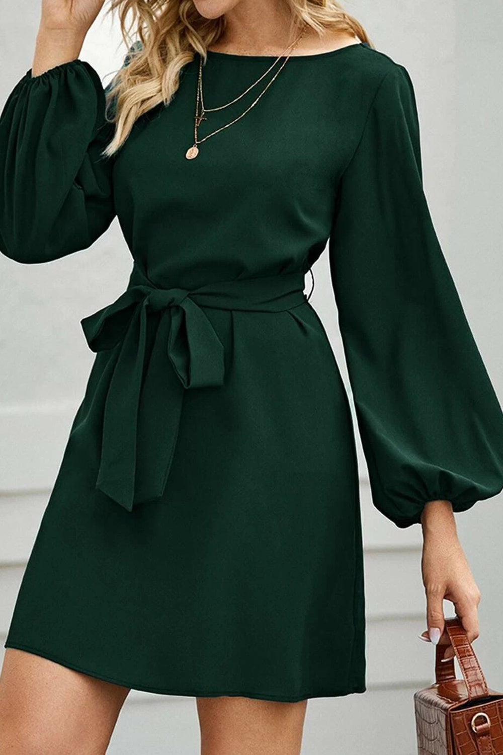 Tied Boat Neck Balloon Sleeve Mini Dress