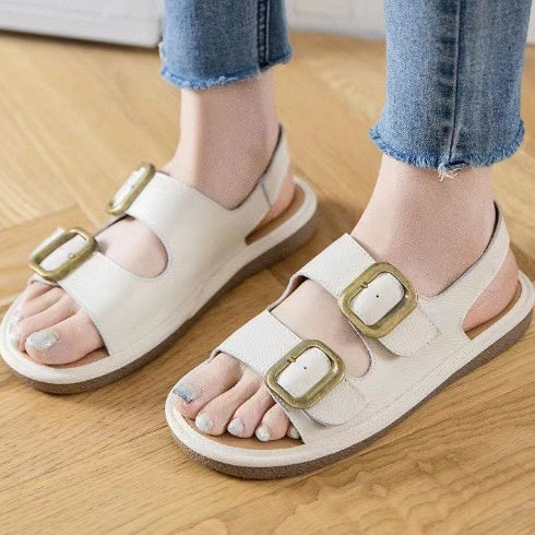 Women's Flat Cool First Layer Cowhide Soft Bottom Belt Buckle Beach Outer Wear Ankle-strap Sandals