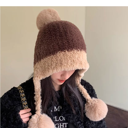 Gorro de lana con bola colgante de punto grueso y forro polar, cálido y con protección para las orejas