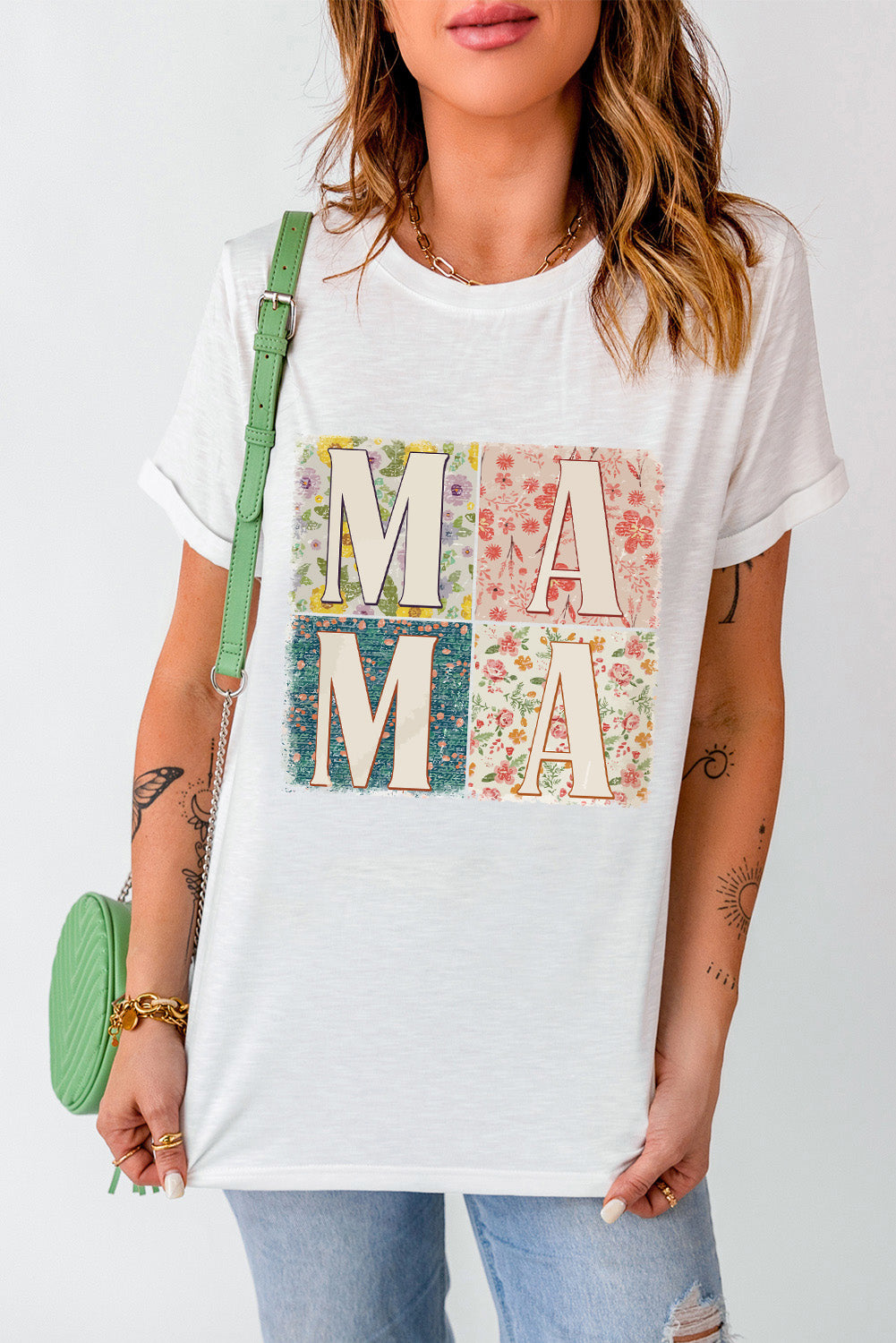 White MAMA Floral Block Graphic Crewneck T Shirt