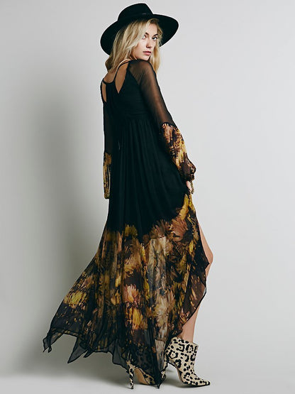 European And American Low V-neck Pleated Chiffon Dress Irregular Hem