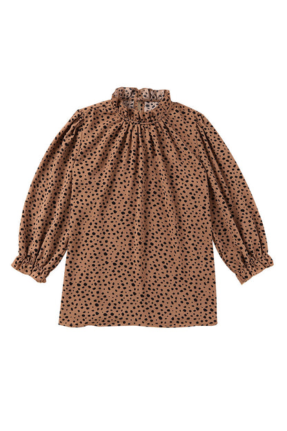 Khaki Frilled Neck 3/4 Sleeves Cheetah Blouse