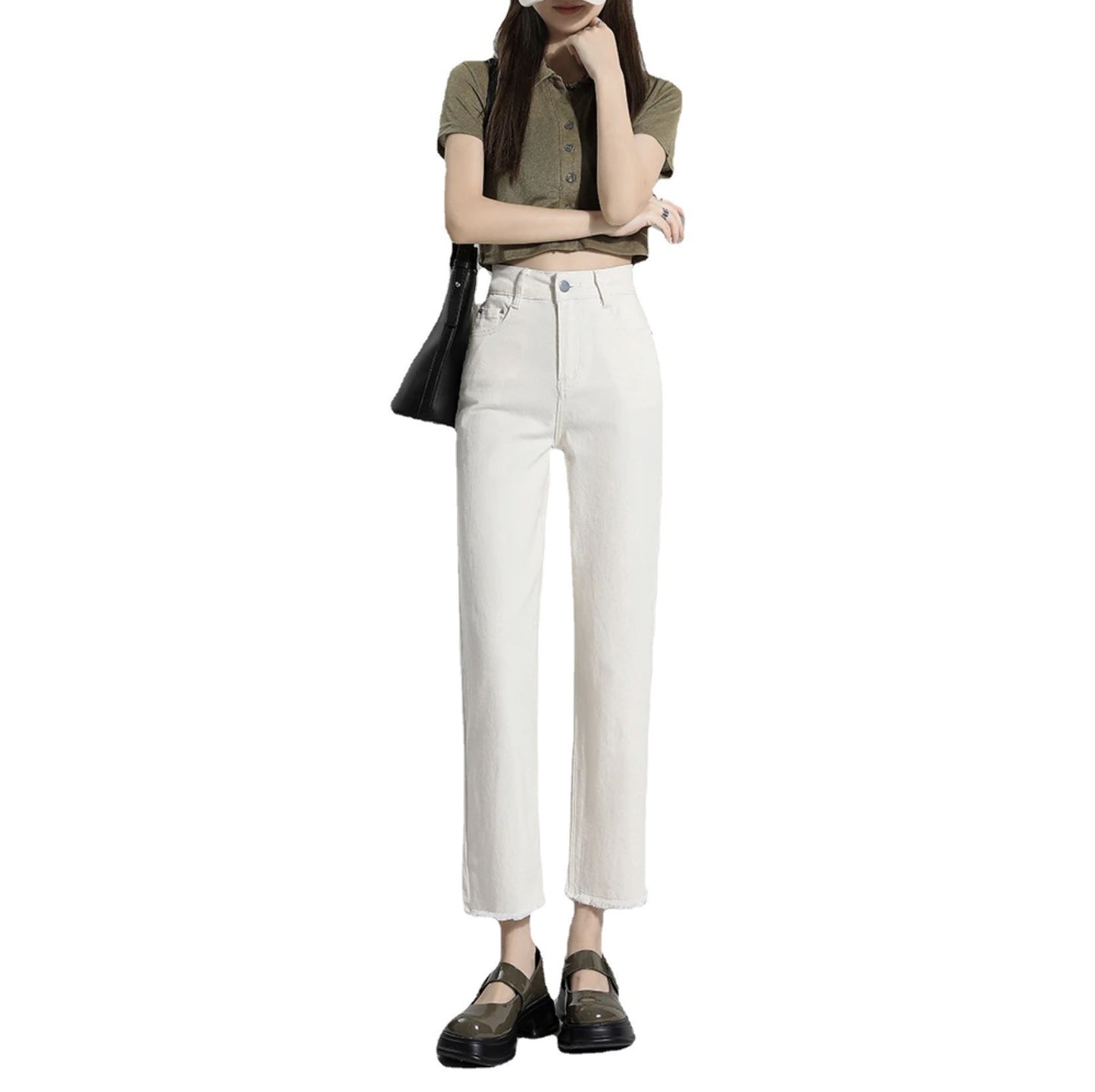 Women's Creamy-white Denim Ankle-length Pants