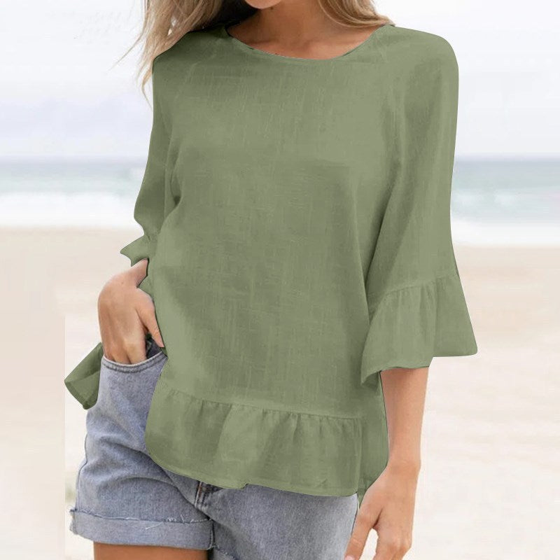 Women's Ruffled Cotton And Linen Style Solid Color T-shirt Casual Beach Blouse