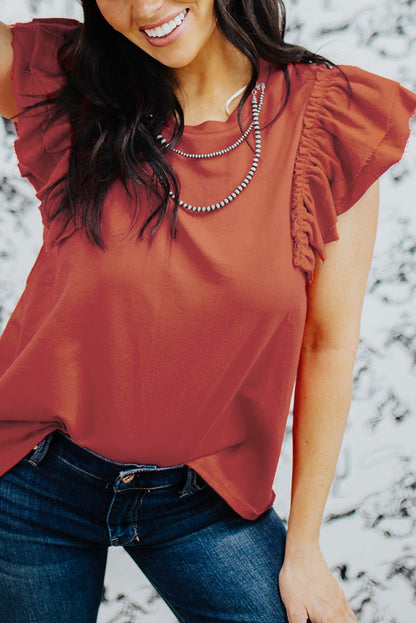 Orange Ruffle Short Sleeve Solid Color Blouse