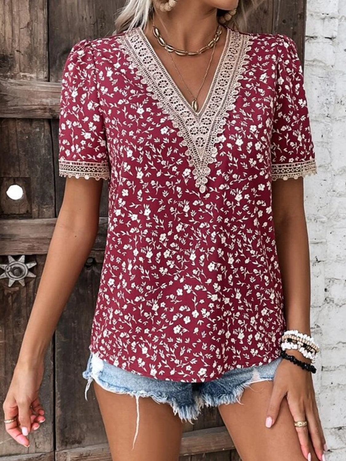 Full Size Printed V-Neck Short Sleeve Blouse