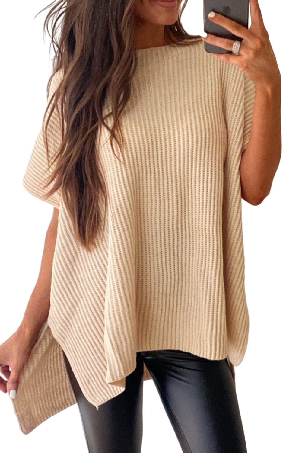 Top extragrande de punto con manga dolman corta y abertura lateral gris