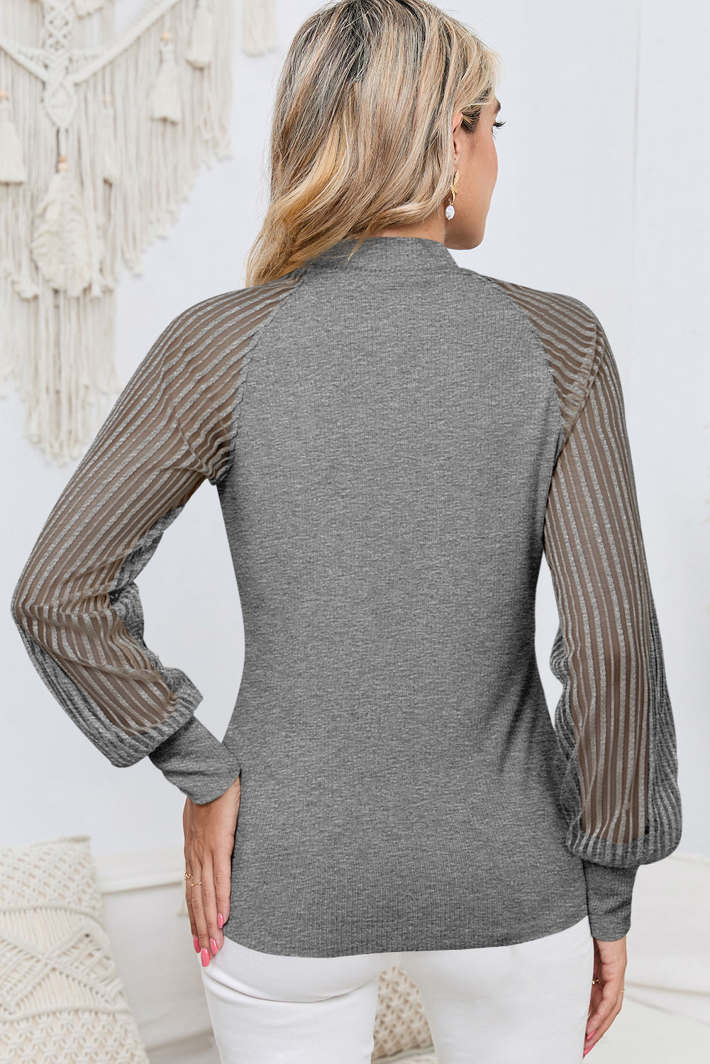 Apricot Ribbed Solid Color Striped Mesh Long Sleeve Top