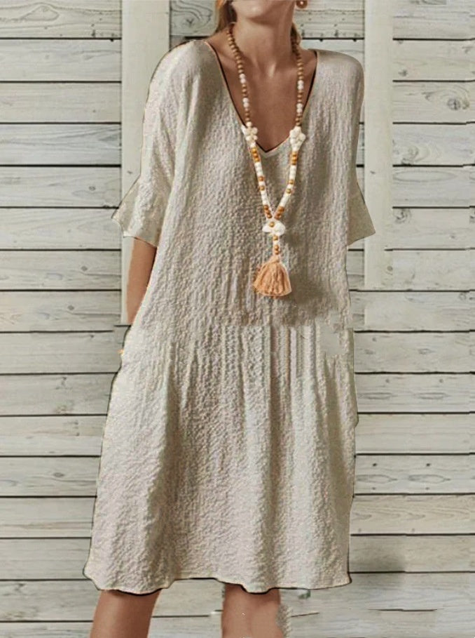 Cotton And Linen Solid Color Half Sleeves Bell Sleeve V-neck Large A-line Dress