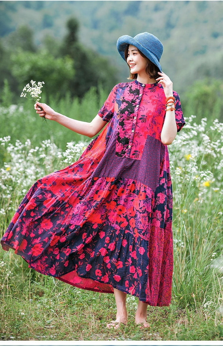 Summer Cotton Printed Ethnic Style Color Contrast Patchwork Pastoral Short Sleeve Dress