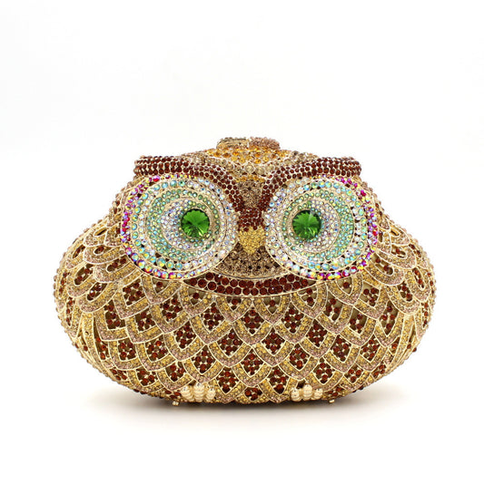 Women's European And American Owl Dinner Clutch Bag With Colored Diamonds