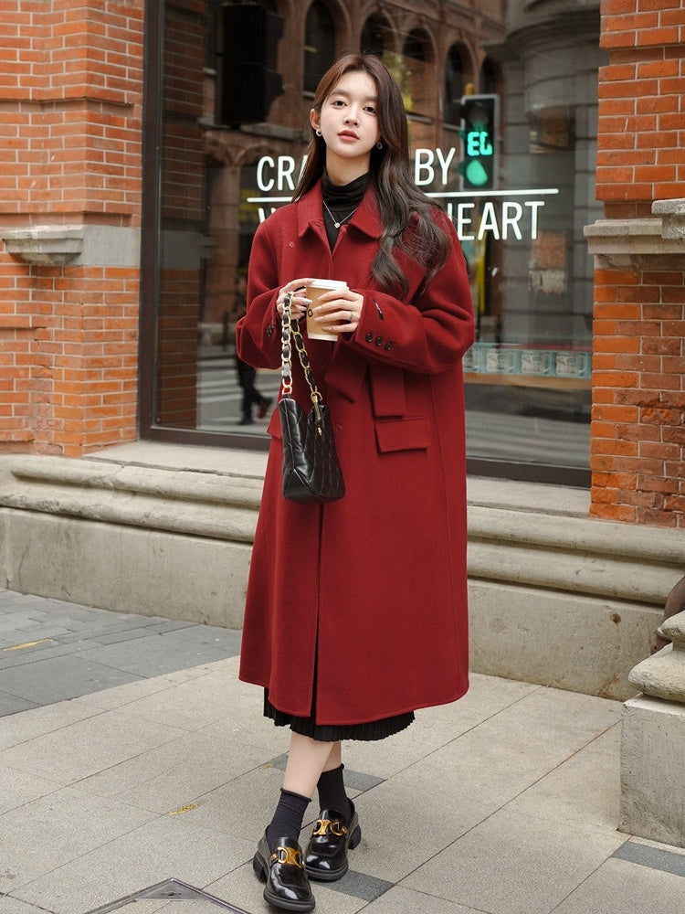 Manteau en laine rouge avec nœud papillon pour femme, nouveau manteau d'automne et d'hiver