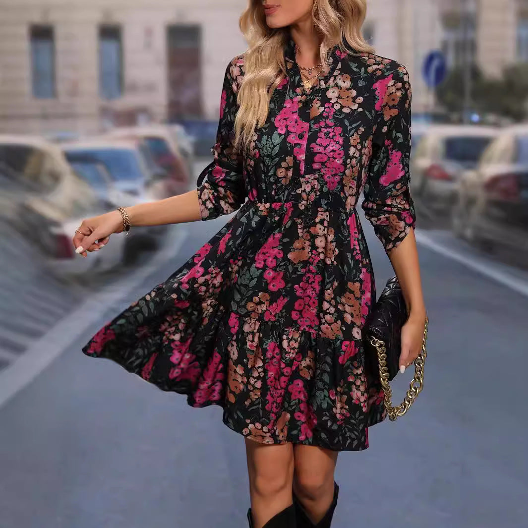 Autumn Elegant New Printed Shirt Dress Women