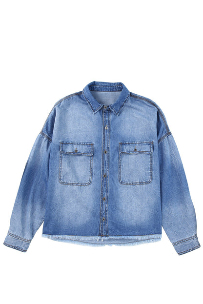 Sky Blue Flap Pockets Raw Hem Denim Shacket