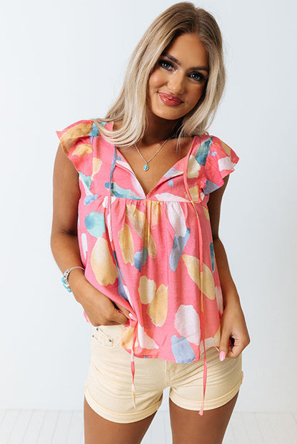 Sky Blue Splotches Pattern Ruffled Cap Sleeve Shift Top