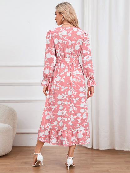 Vestido con sobrepelliz floral, manga con volante y dobladillo con volantes