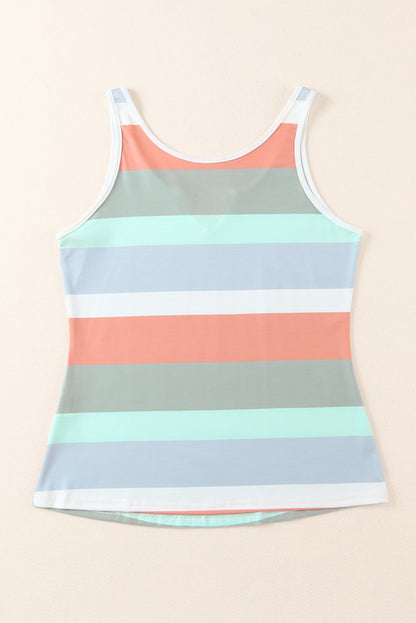 Multicolor Striped Color Block Notched Neck Tank Top