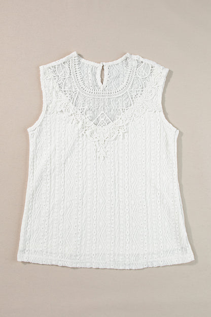 Blusa sin mangas con espalda de cerradura de crochet de encaje de guipur blanco